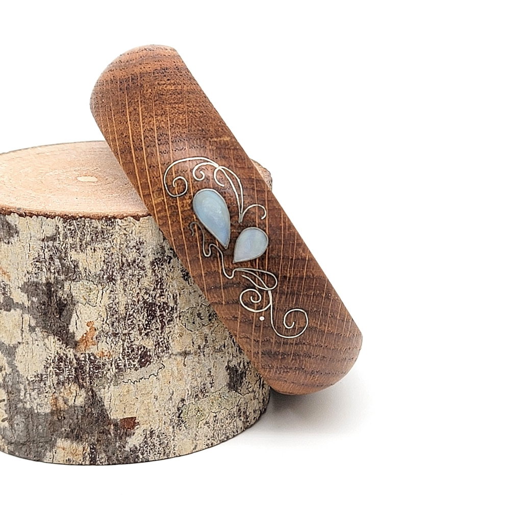 Vintage Wood Bangle Bracelet With Mother Of Pearl Inlay